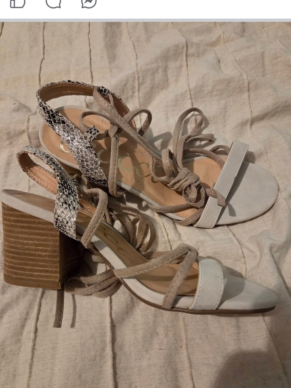 Stacked Heel Lace-Up Sandals in Light Beige with Snakeskin Accent